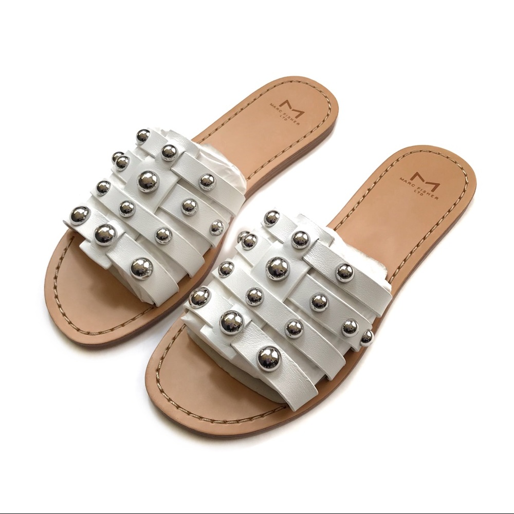 •MARC FISHER LTD• Pava Slide Sandal Studs Silver White